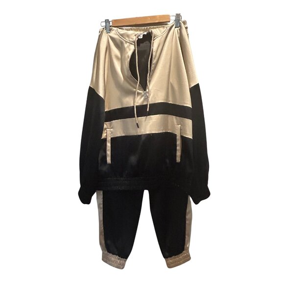 2 Piece Satin Colorblock Tracksuit -Black & Champagne -Sz Small - Picture 7 of 7